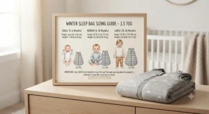 A sizing illustration to help parents find the right fit for their 3.5 TOG winter sleep bag.