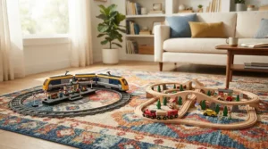 smart building blocks vs traditional blocks for toddlers displayed side by side on a colorful playroom rug