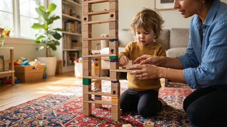 smart building blocks vs traditional blocks for toddlers shared between parents and kids in the afternoon
