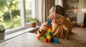 Small hands interacting with smart building blocks vs traditional blocks for toddlers to show motor skill development.