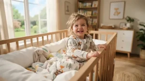 Smiling toddler waking up in a cozy pesticide free sleep sack during a lazy weekend morning.