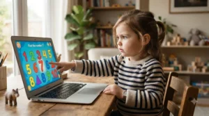 A toddler engaged in learning numbers using a pre-loaded app on a parental control tablet
