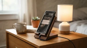 A toddler-safe tablet for screen time limits plugged into a secure charging dock