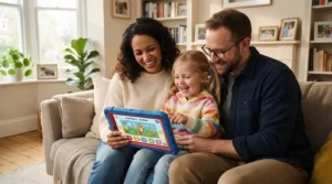 Family sitting together watching a video on a toddler-safe tablet for screen time limits