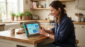 Parent setting up a toddler-safe tablet for screen time limits on the kitchen counter