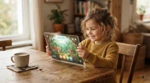 A toddler trying to hold a large regular tablet that lacks parental control features at a kitchen table