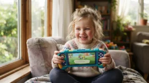 A toddler playing educational games on a specialized parental control tablet with a thick protective bumper case