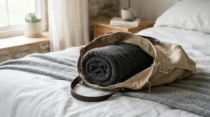 Packed diaper bag containing a rolled GOTS certified sleep sack for travel