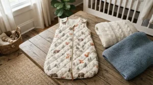 Warm winter weight pesticide free sleep sack keeping a baby snug during cold weather.