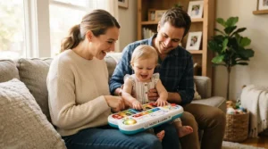 A happy family sharing moments around educational tech gifts for a 6-12 month old in the living room.