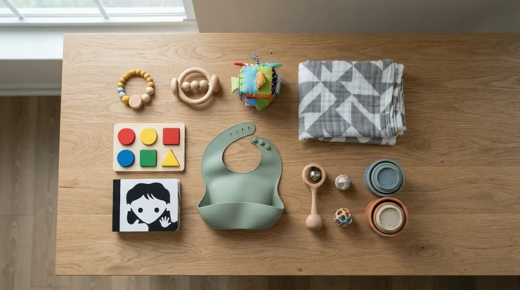 A flat lay image featuring educational tech gifts for a 6-12 month old surrounded by baby milestone items.