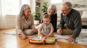 Grandparents watching an infant explore educational tech gifts for a 6-12 month old in a modern home.