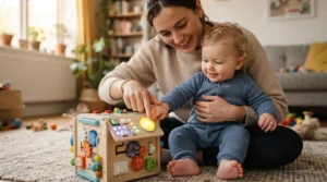 A parent helping their infant interact with educational tech gifts for a 6-12 month old to build motor skills.