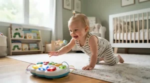A nine-month-old baby engaging with educational tech gifts for a 6-12 month old on a foam play mat.