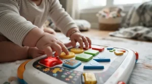 Close-up of tiny hands discovering textures and sounds from educational tech gifts for a 6-12 month old.