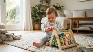 An infant sitting on a living room rug exploring educational tech gifts for a 6-12 month old during daytime play.