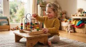 Toddler pushing wooden beads along wire tracks as part of fine motor skills toys for a 1 year old on a low wooden table.