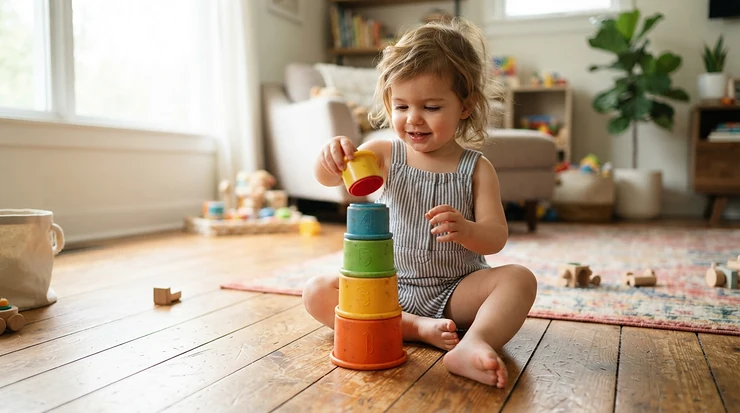Child lining up nesting cups as part of popular fine motor skills toys for a 1 year old on a hardwood nursery floor.