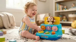 Baby pressing colorful buttons on interactive fine motor skills toys for a 1 year old that make animals pop up.
