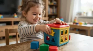 Baby exploring fine motor skills toys for a 1 year old while dropping plastic blocks through the correct slots of a sorting cube.