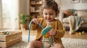 Toddler pulling textured silicone cords back and forth on fine motor skills toys for a 1 year old during playtime.