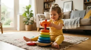 Child sitting on a living room rug using fine motor skills toys for a 1 year old to stack colorful plastic rings on a wobbling base.