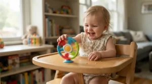 Infant spinning the wheel of a suction cup toy, featuring fine motor skills toys for a 1 year old attached to a high chair tray.