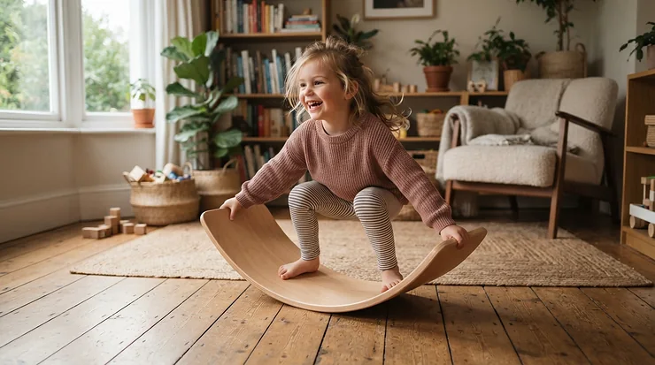 A young girl rocking on a curved wooden board, a classic example of gross motor skills toys for toddlers.
