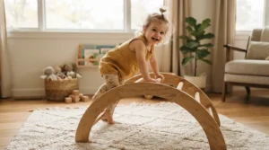 A young child exploring a wooden climbing arch, one of the best gross motor skills toys for toddlers for active indoor play.