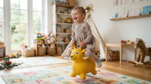 A child bouncing on an inflatable animal hopper, demonstrating active gross motor skills toys for toddlers.