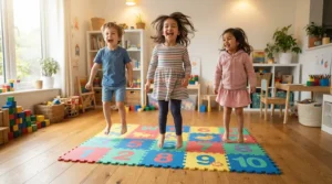 Children jumping on a colorful floor mat, showing fun gross motor skills toys for toddlers building coordination.