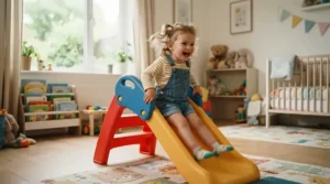 A toddler sliding down a small indoor slide, captured with other gross motor skills toys for toddlers.