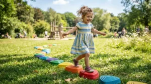 A little boy stepping across silicone river stones, featuring popular gross motor skills toys for toddlers.