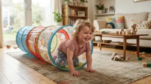 A toddler crawling through a fabric pop-up tunnel, illustrating engaging gross motor skills toys for toddlers.