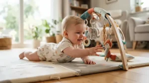 An interactive sensory station acting as one of the top motor skills toys for babies learning to crawl in a sunny room.