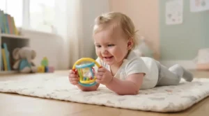An infant engaging with motor skills toys for babies learning to crawl while practicing tummy time on a nursery rug.