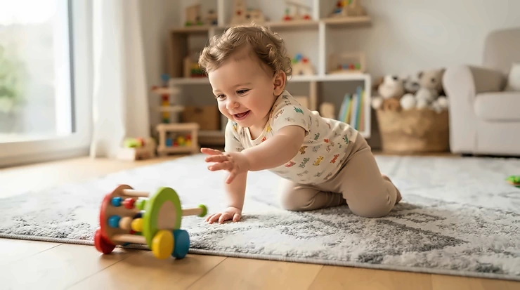 Colorful motor skills toys for babies learning to crawl placed on a plush living room playmat during afternoon playtime.