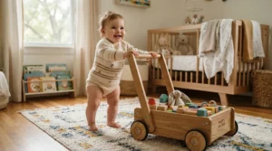 A stable push-along device serving as advanced motor skills toys for babies learning to crawl and starting to pull up.