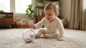 A sensory rolling ball featured in a collection of motor skills toys for babies learning to crawl on a carpeted floor.