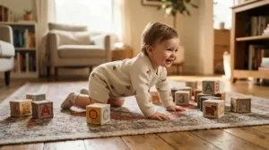 Soft foam shapes arranged as motor skills toys for babies learning to crawl in a modern suburban family room.