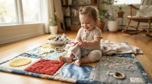 A tactile discovery blanket paired with motor skills toys for babies learning to crawl in a bright sunroom.