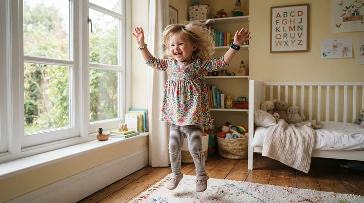 A toddler dancing to music while wearing a motor skills tracking device for toddlers in a sunny nursery.