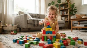 A toddler wearing a motor skills tracking device for toddlers while playing with building blocks in a bright living room.