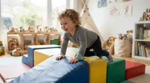 A toddler navigating a soft indoor obstacle course wearing a motor skills tracking device for toddlers.