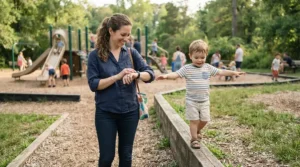 A mother checking a motor skills tracking device for toddlers on her child at a sunny neighborhood playground.