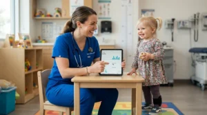 A physical therapist reviewing data from a motor skills tracking device for toddlers during a checkup.