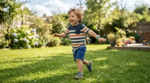An active child wearing a motor skills tracking device for toddlers while running across a backyard lawn.