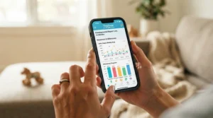 A close-up of a parent using a mobile app connected to a motor skills tracking device for toddlers.