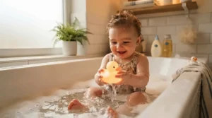 Baby in a bathtub splashing near floating sensory toys with tech for a 6 month old that illuminate water droplets