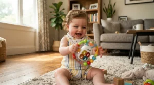 Happy baby smiling while testing sensory toys with tech for a 6 month old that respond to being shaken with motion sounds